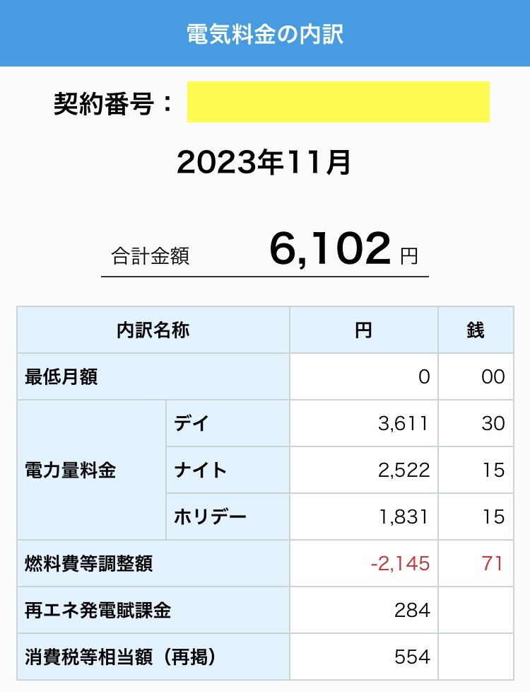 2023年11月我が家の電気代写真