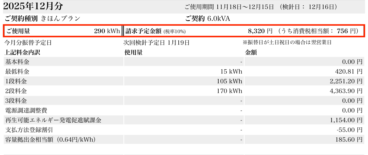 2025年11月我が家の電気代(電気料金明細)