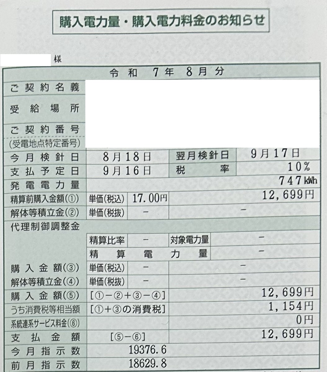2025年8月売電収入写真