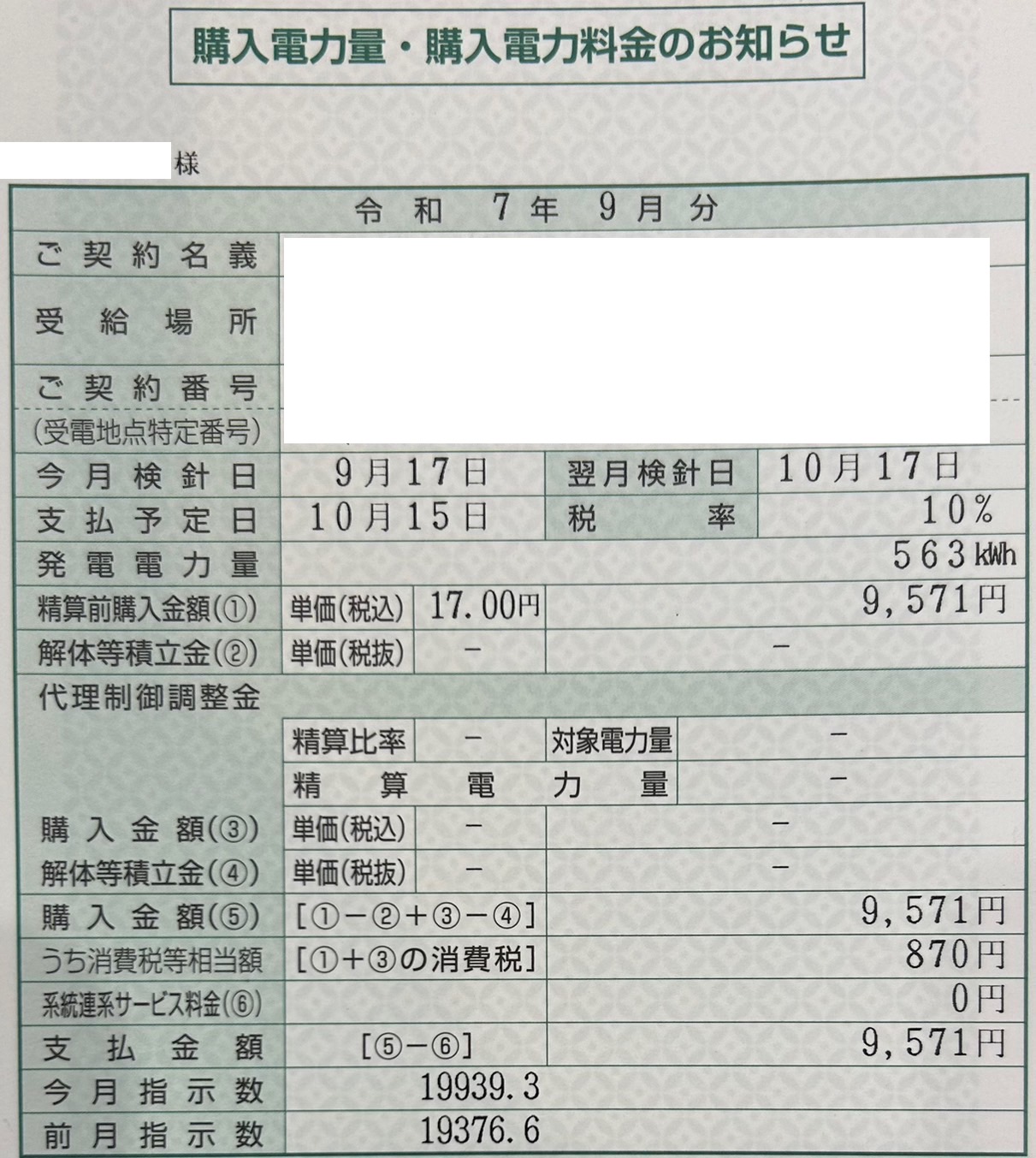 2025年9月売電収入写真
