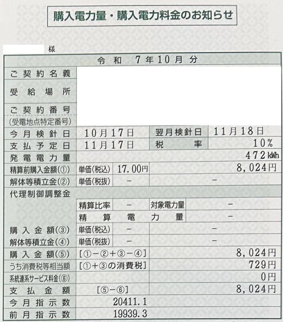 2025年10月売電収入写真