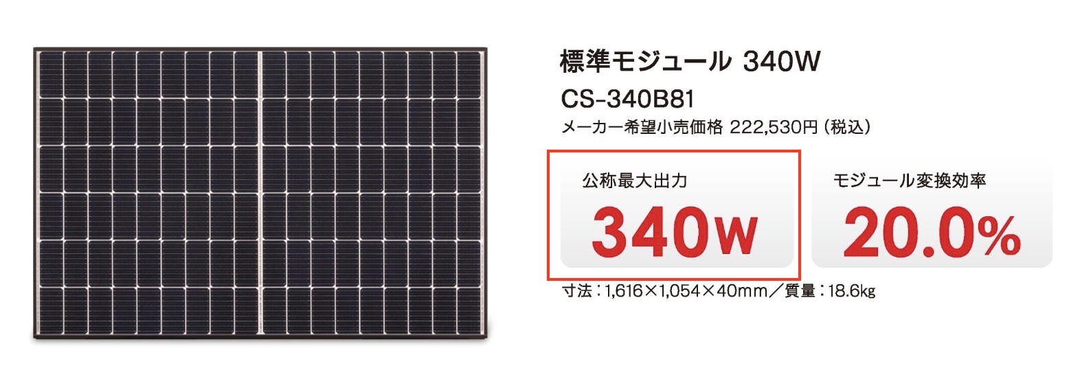 長州産業の太陽光パネル画像。最大出力340W