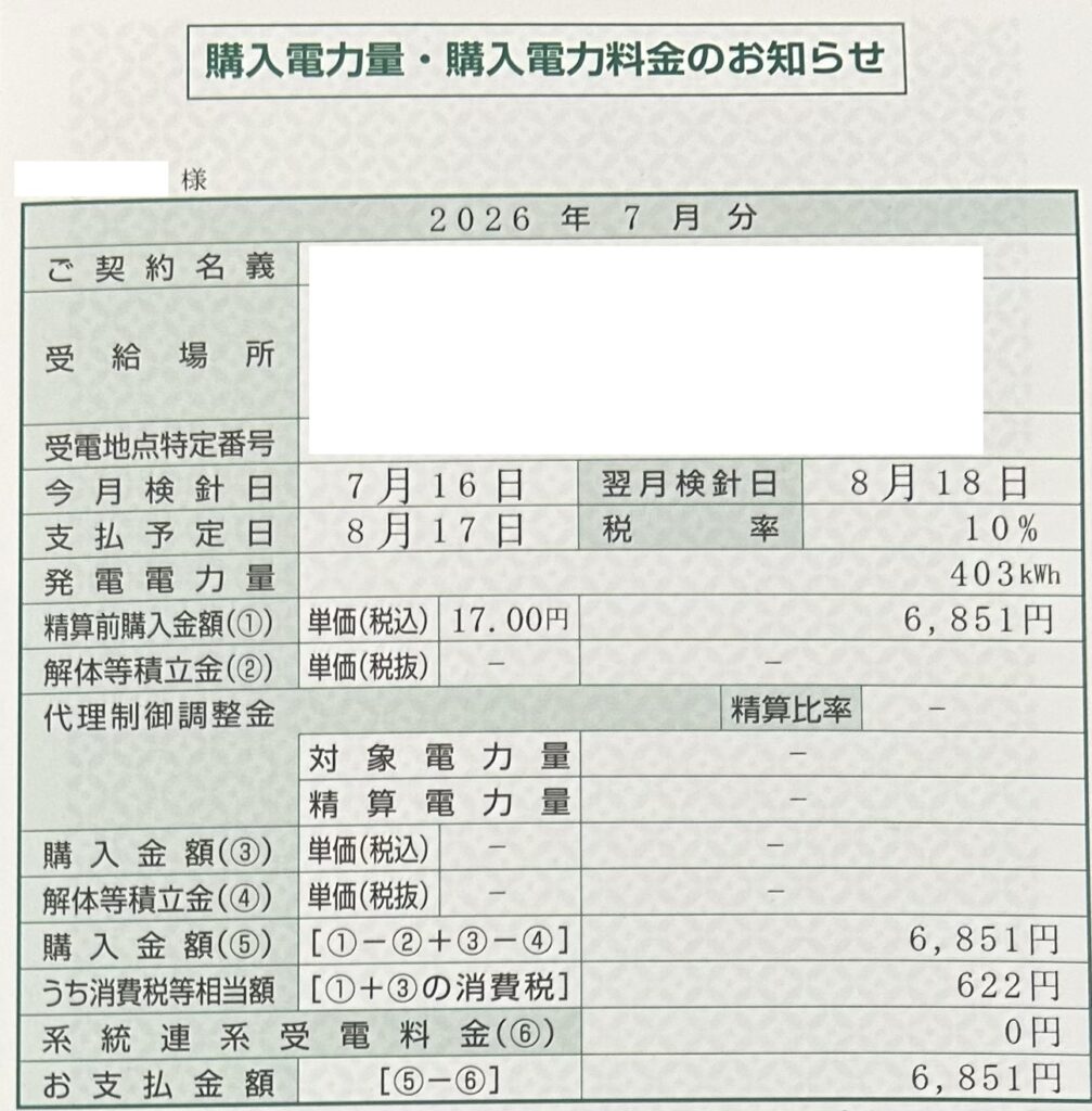 2026年7月売電収入写真