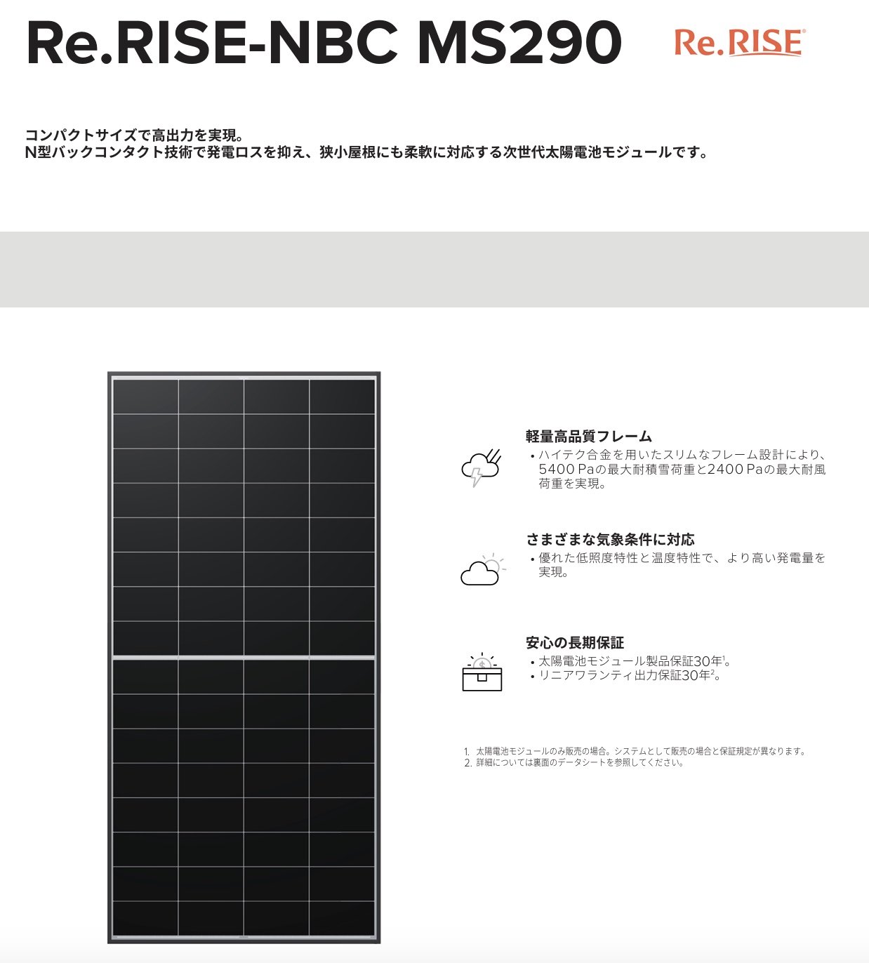 ハンファジャパンの太陽光パネル、標準型(Re.RISE-NBC MS290)の画像